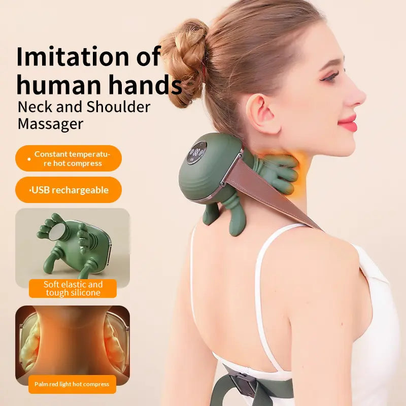 Heated Shoulder Massager, Deep Tissue Massage to Relieve Pain; Electric Cervical Massager Bionic Hand Heating Wireless Portable 3D Kneading Hands Unisex Lightweight & Adjustable Speed Settings